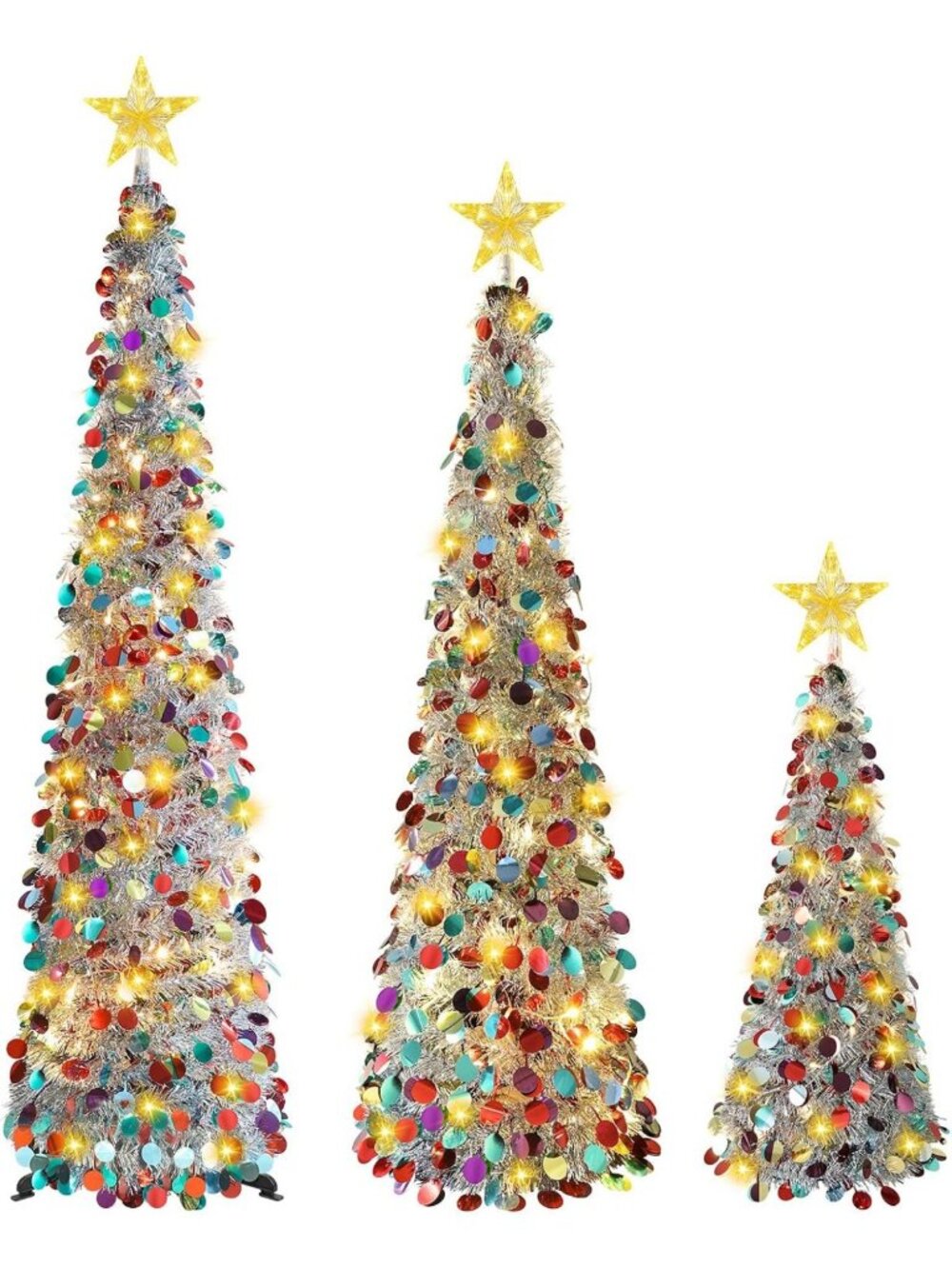 Set of 3 Pop-Up Lighted Christmas Trees with Star Topper - 3FT, 4FT, 5FT Decor
